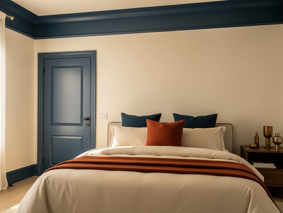 Realistic wide editorial bedroom scene with colorful ceiling band, painted door