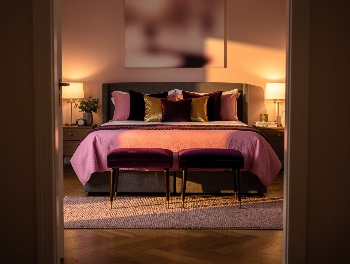 Atmospheric home-decor photo of a restful couples bedroom viewed from the doorwa