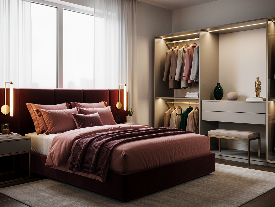 Realistic wide editorial bedroom photo with distinct sleep and dressing zones, w