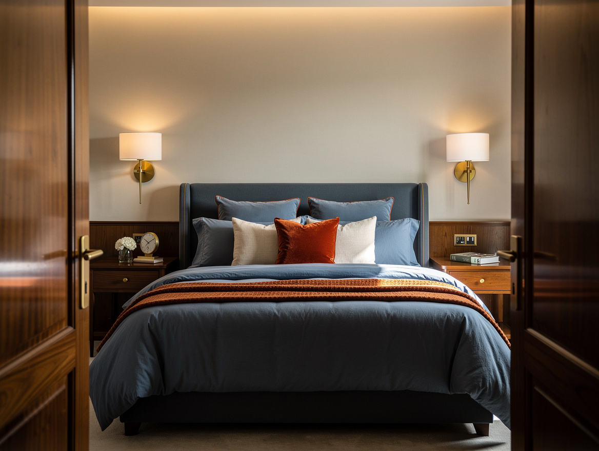 Realistic wide bedroom ambiance photo from the doorway showing symmetrical sconc