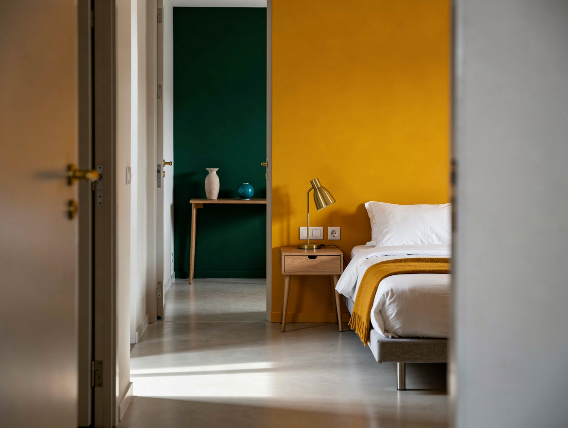 Wide ambient editorial interior photo showing a connected bedroom and hallway wi
