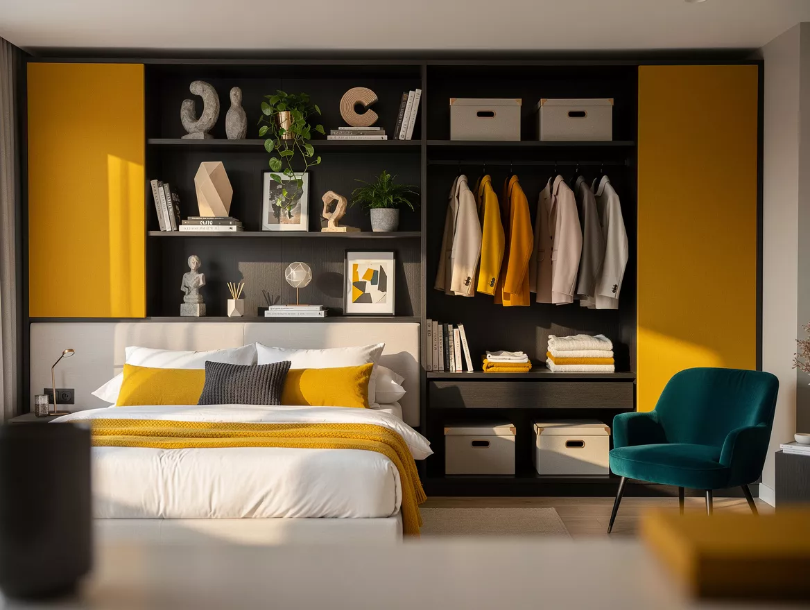 Realistic wide editorial bedroom photo with a bookcase closet divider, bed on on