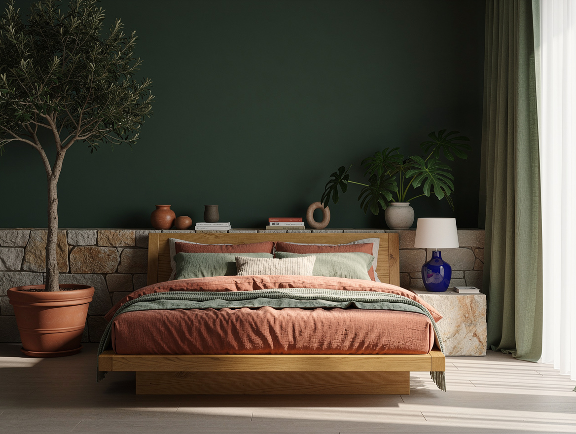 Realistic wide editorial bedroom photograph showing a biophilic layout with a ta