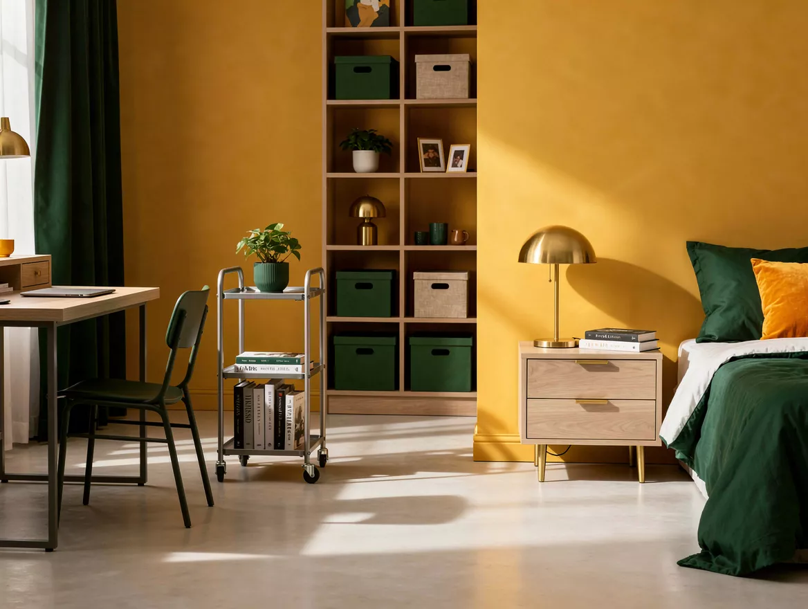 Realistic wide editorial bedroom scene showing a compact desk, slim rolling stee