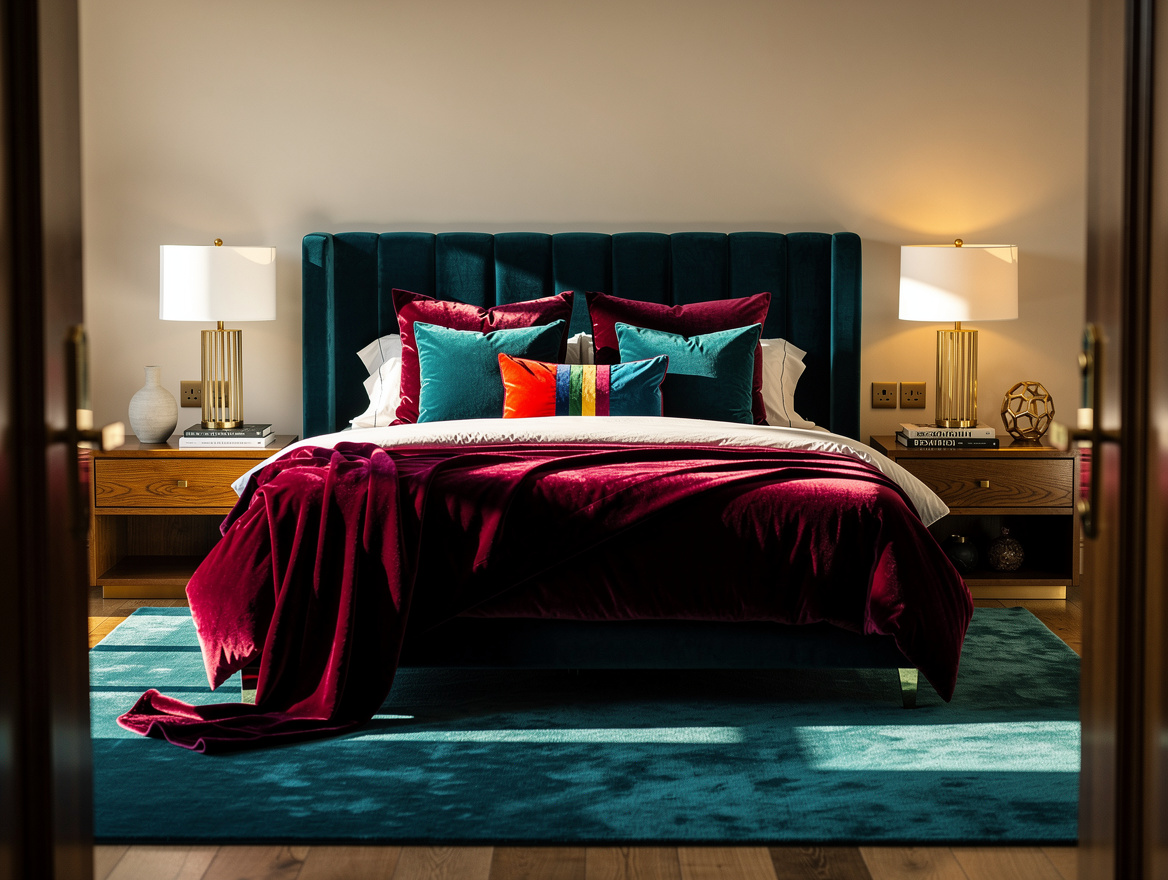 Realistic wide editorial bedroom photo viewed from the doorway, expansive rug al