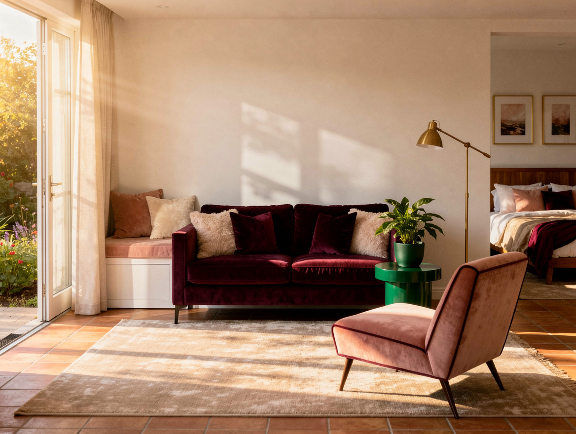Realistic editorial wide interior photograph of a calm garden room connected to