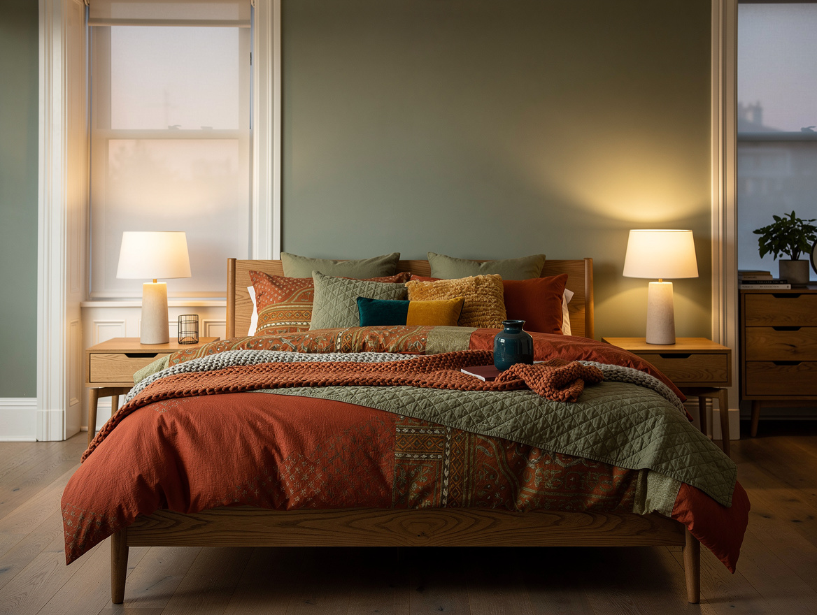Realistic wide bedroom interior with layered patterned bedding, coordinated wall