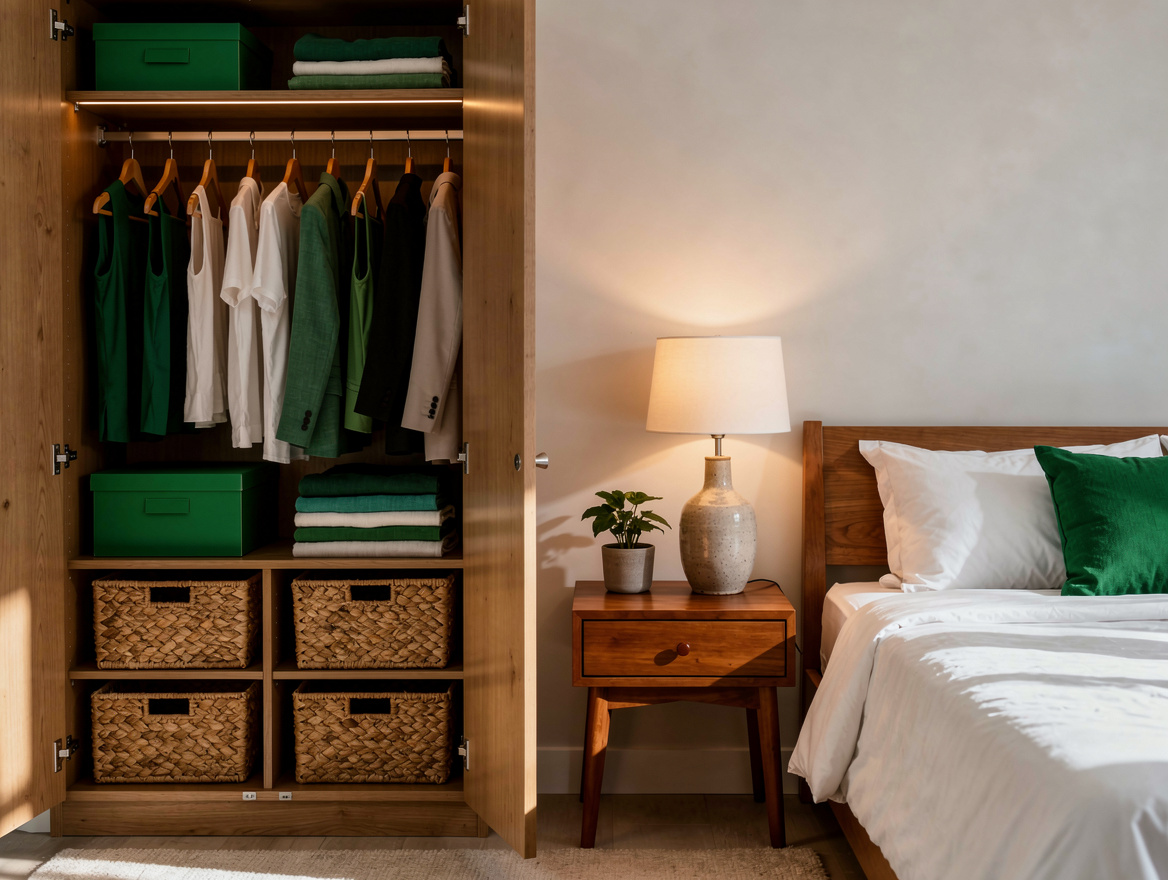 Realistic atmospheric editorial photo of an organized small bedroom closet besid