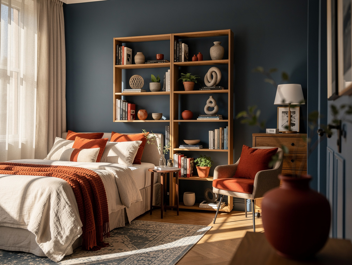 Wide atmospheric home-decor photo of a small bedroom using an open-backed bookca