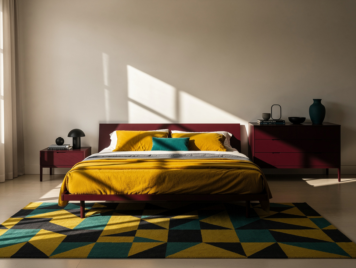 Wide atmospheric bedroom scene showing restrained postmodern styling, warm white