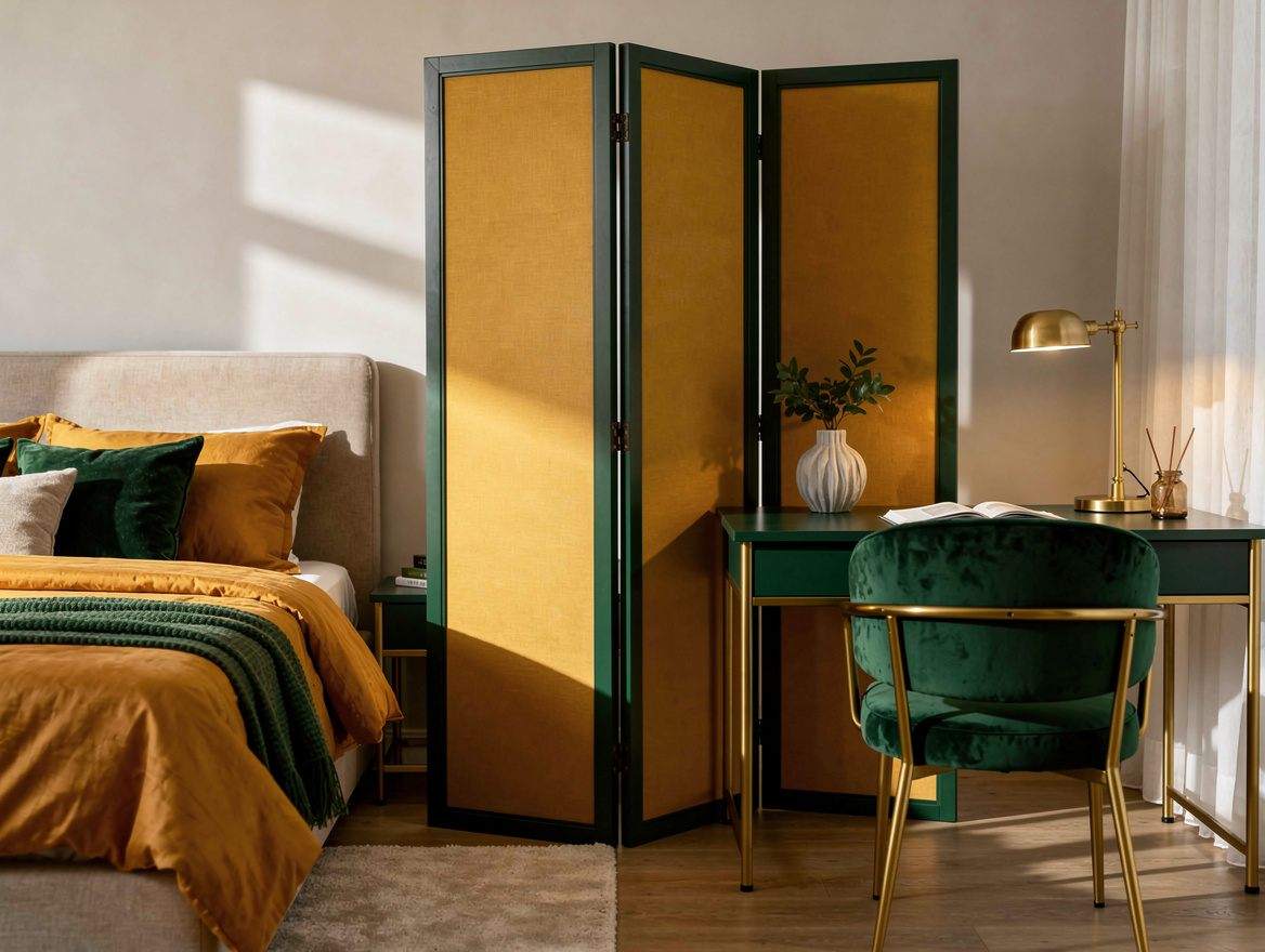 Realistic editorial wide room view of a queen guest bedroom divided into sleepin