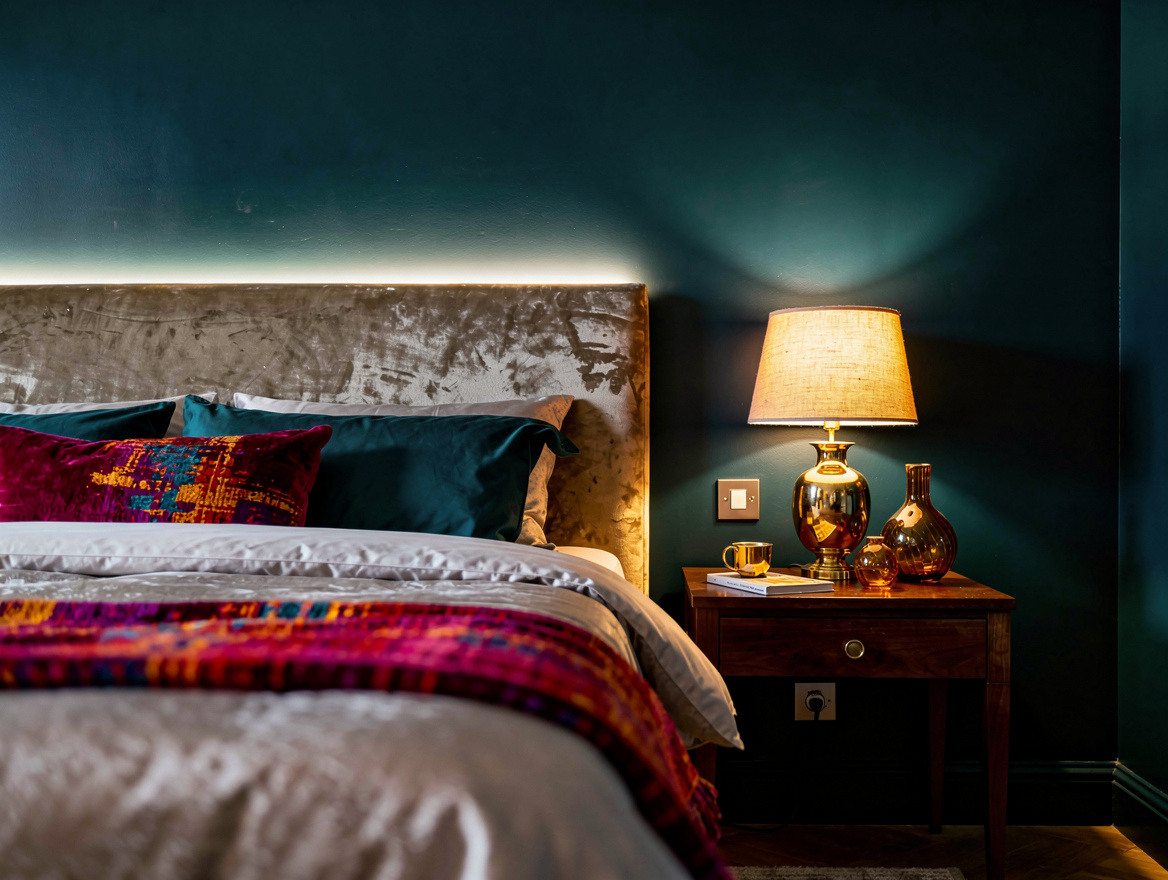 Realistic wide bedroom scene viewed from pillow height, dark corner softly lit b