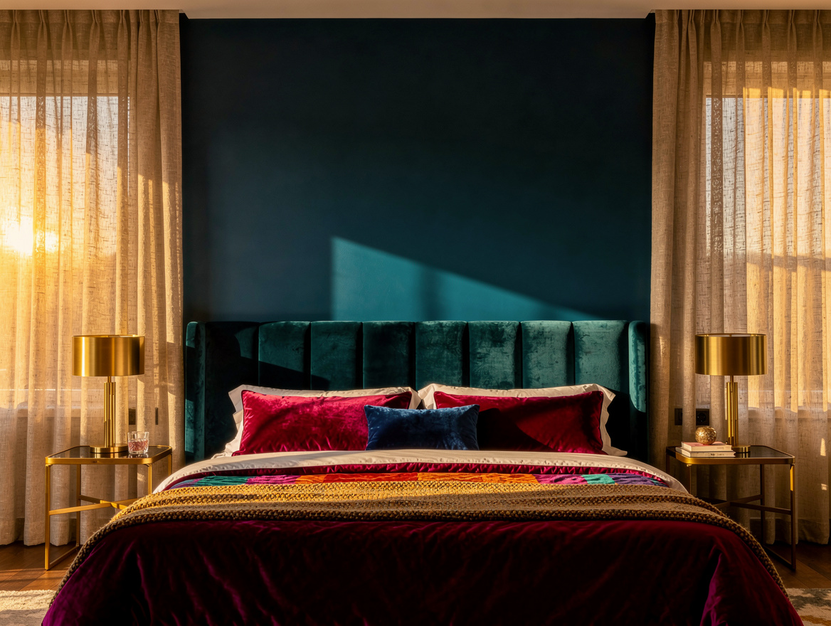 Realistic wide editorial bedroom scene with a wall-spanning upholstered headboar