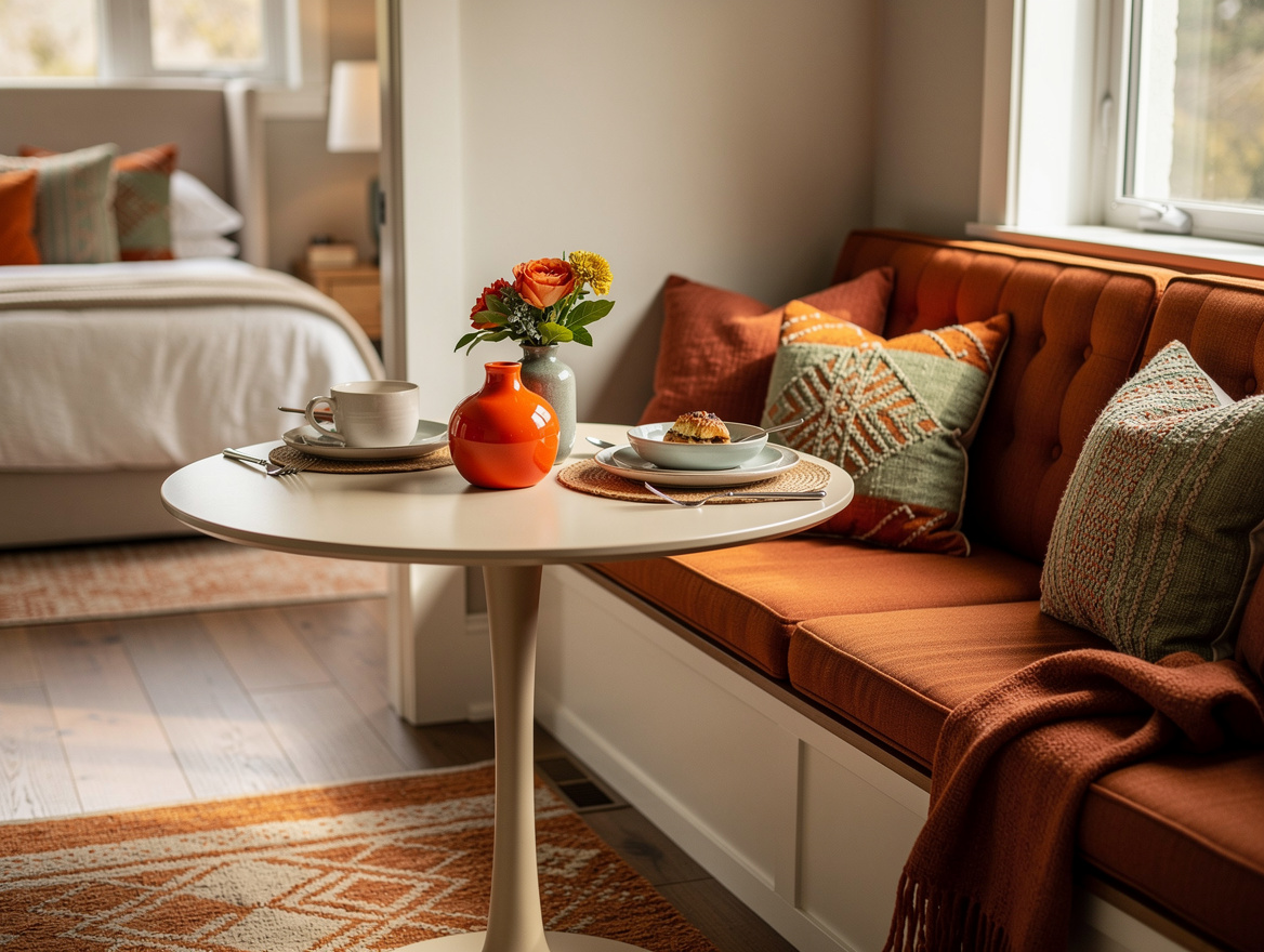 Realistic wide ambiance photo of a calm bedroom-adjacent breakfast nook with a w