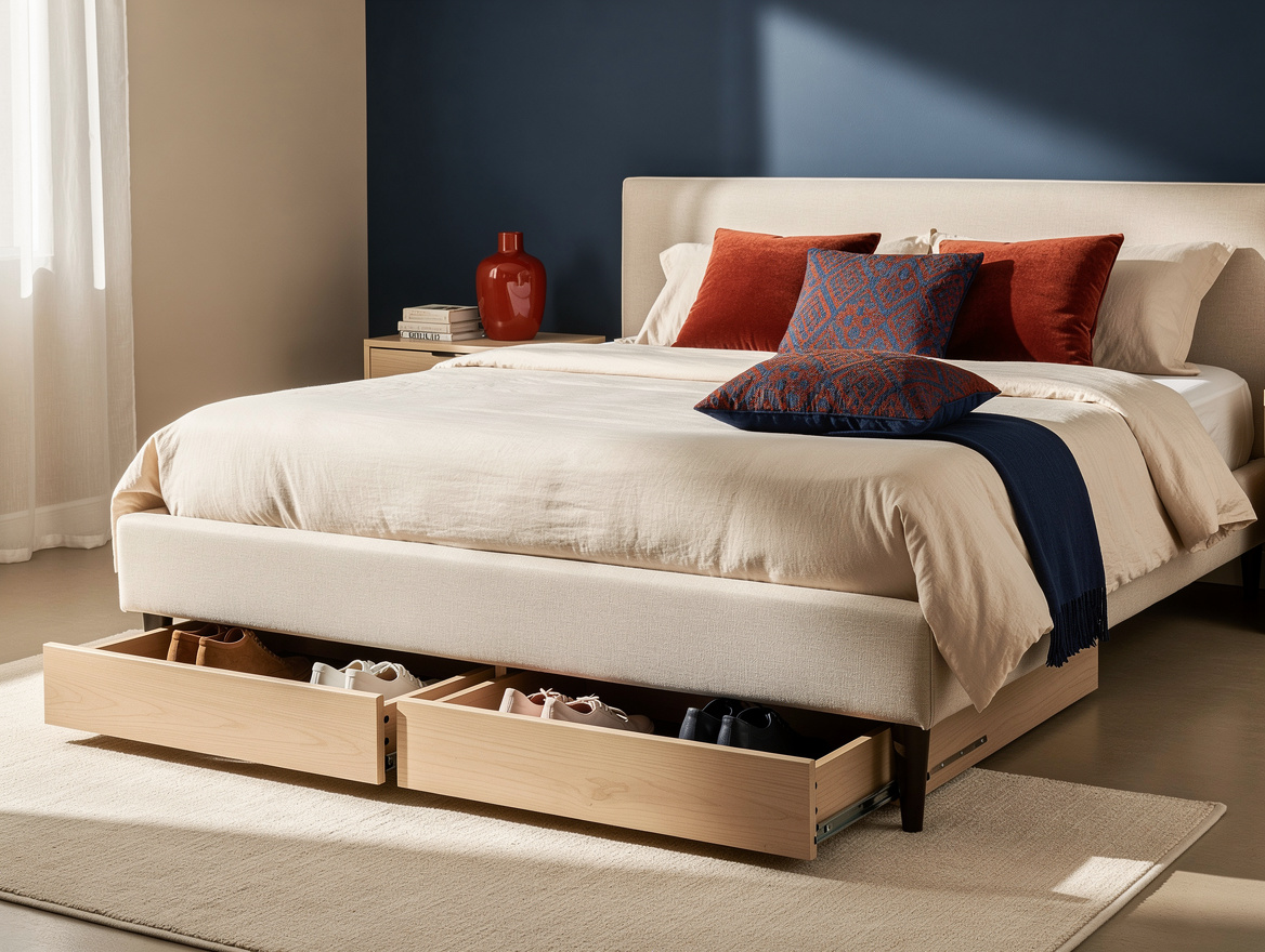 Realistic wide editorial bedroom scene showing shallow under-bed shoe storage in