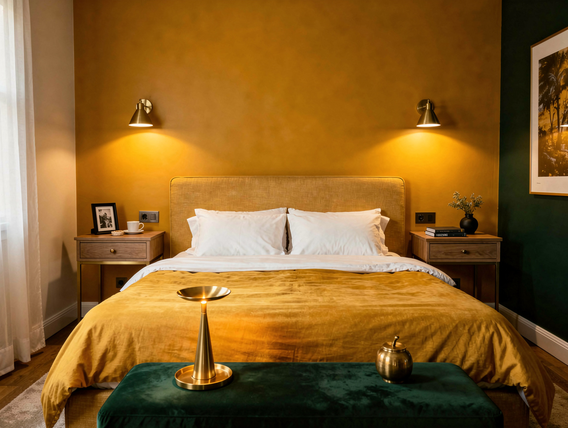 Realistic wide editorial bedroom photo showing two small wall sconces freeing bo