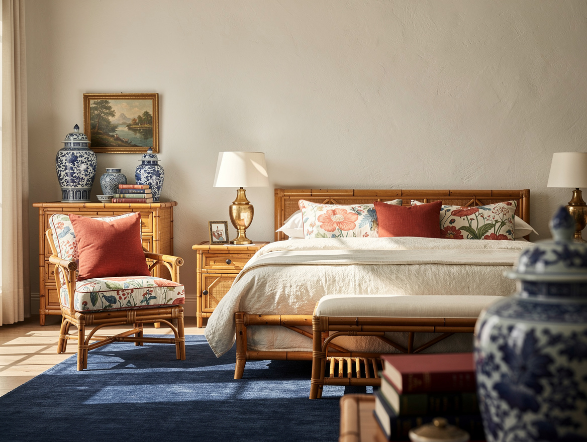 Realistic wide editorial bedroom photo showing ivory walls, restrained floral ch