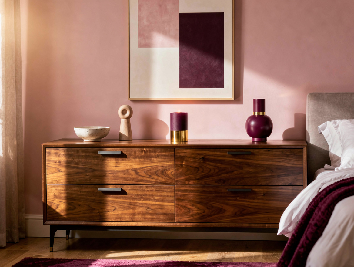 Realistic editorial bedroom scene with a low walnut six-drawer dresser beneath s