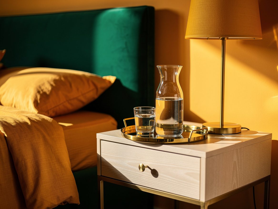 Realistic atmospheric bedroom photo with a small tray holding a glass carafe and