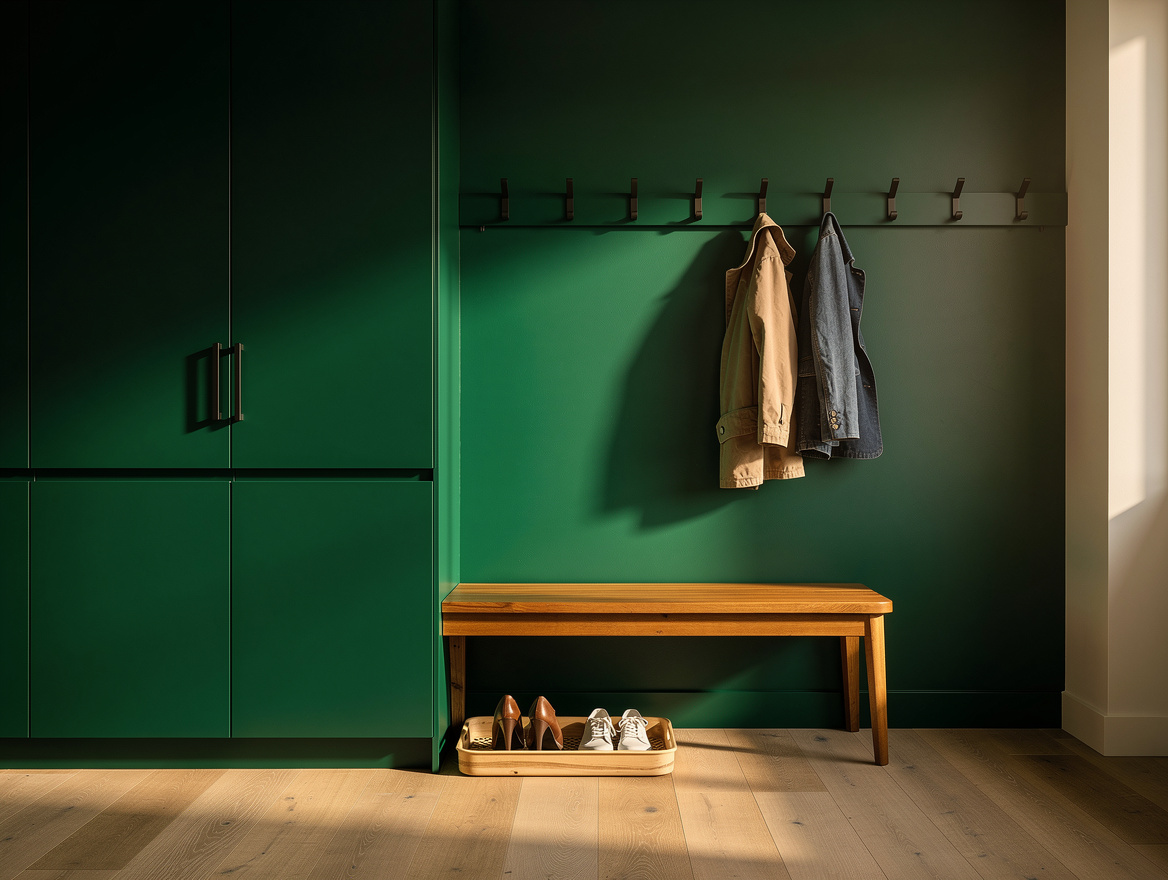 Realistic wide editorial interior photo of a calm bedroom-adjacent mudroom with