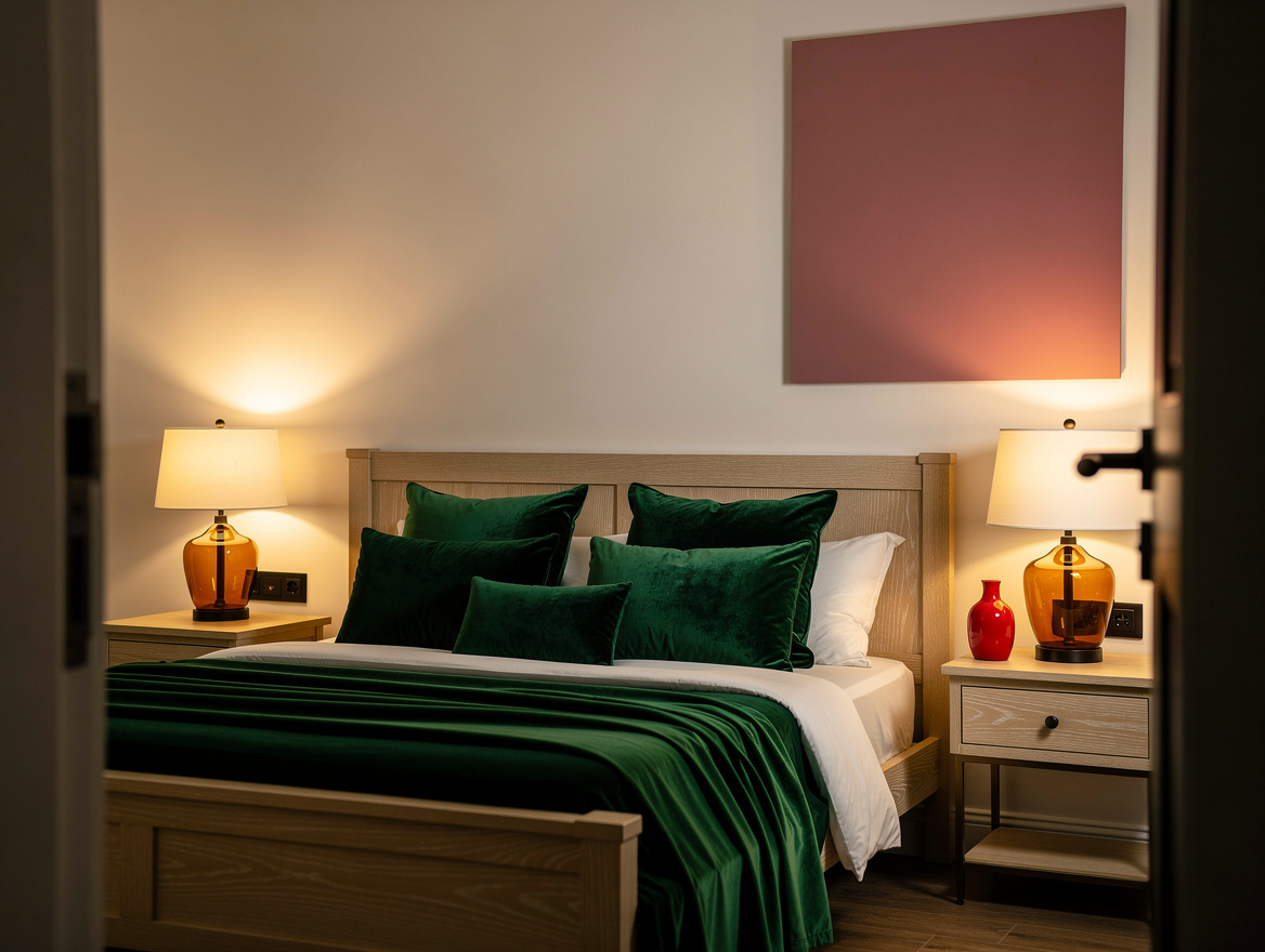 Realistic atmospheric bedroom photo after dark with warm off-white walls, dusty