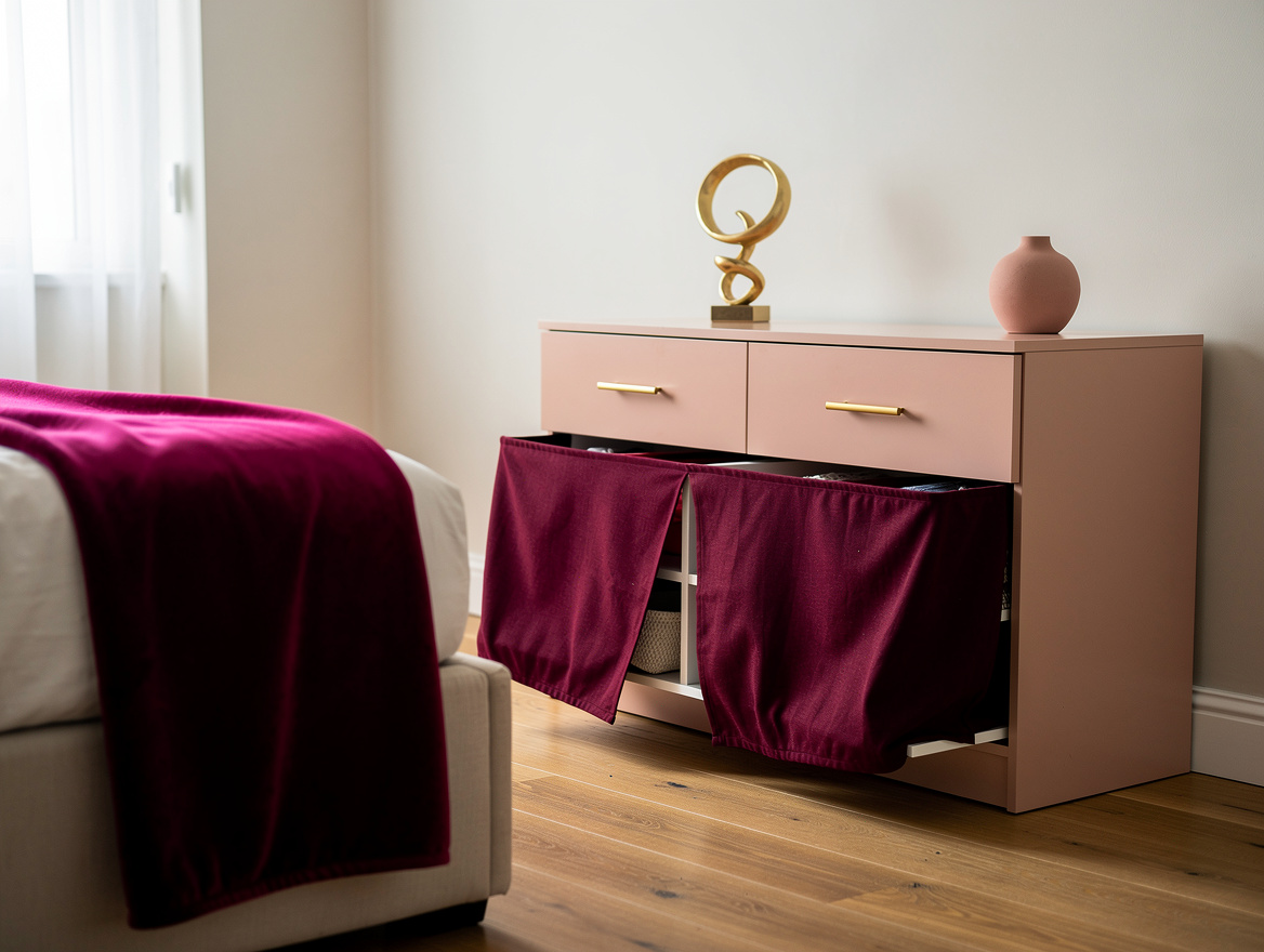 Realistic wide editorial bedroom scene showing a low open-front storage unit cov