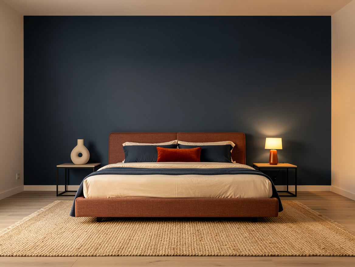 Realistic wide editorial bedroom photo showing one mural-scale statement wall, l