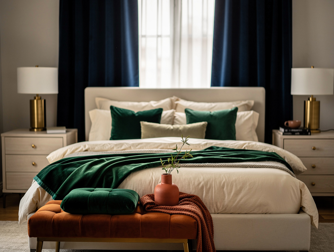 Realistic editorial bedroom ambiance with ivory bedding, dark-blue curtains, eme