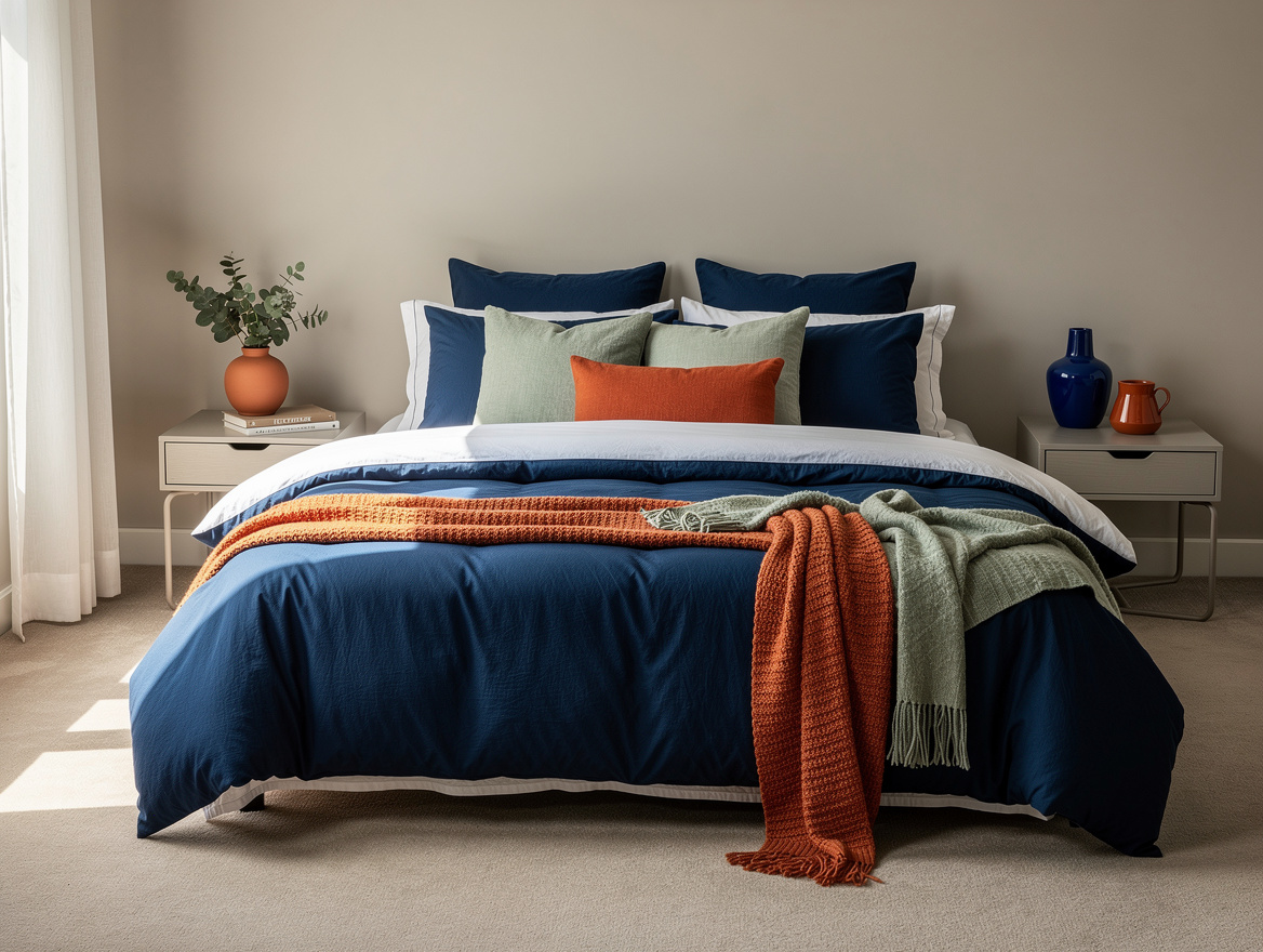 Realistic wide editorial bedroom photo showing a blue-and-white layered queen gu
