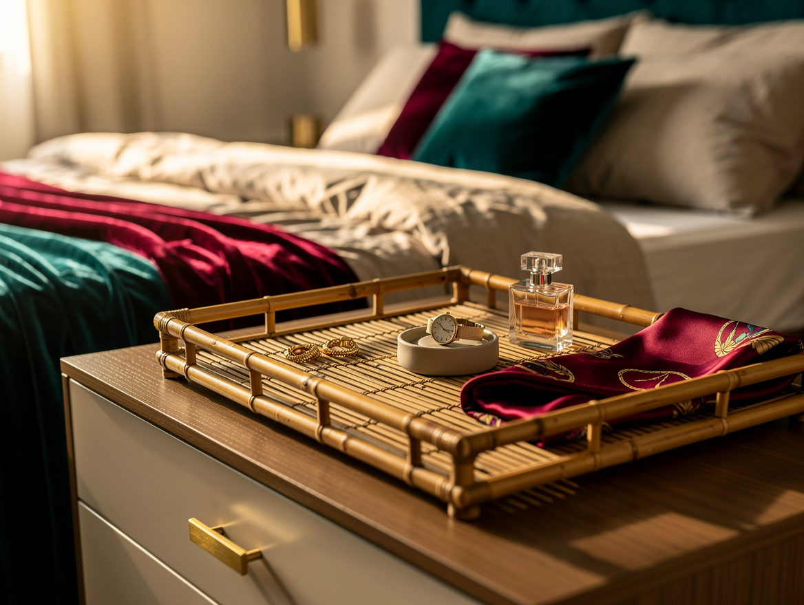 Realistic atmospheric bedroom scene showing a dresser with a bamboo tray organiz