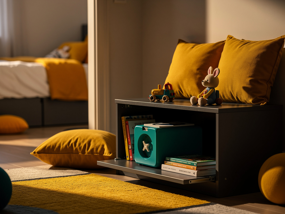 Wide ambient view of a bedroom-adjacent playroom at evening, concealed storage c
