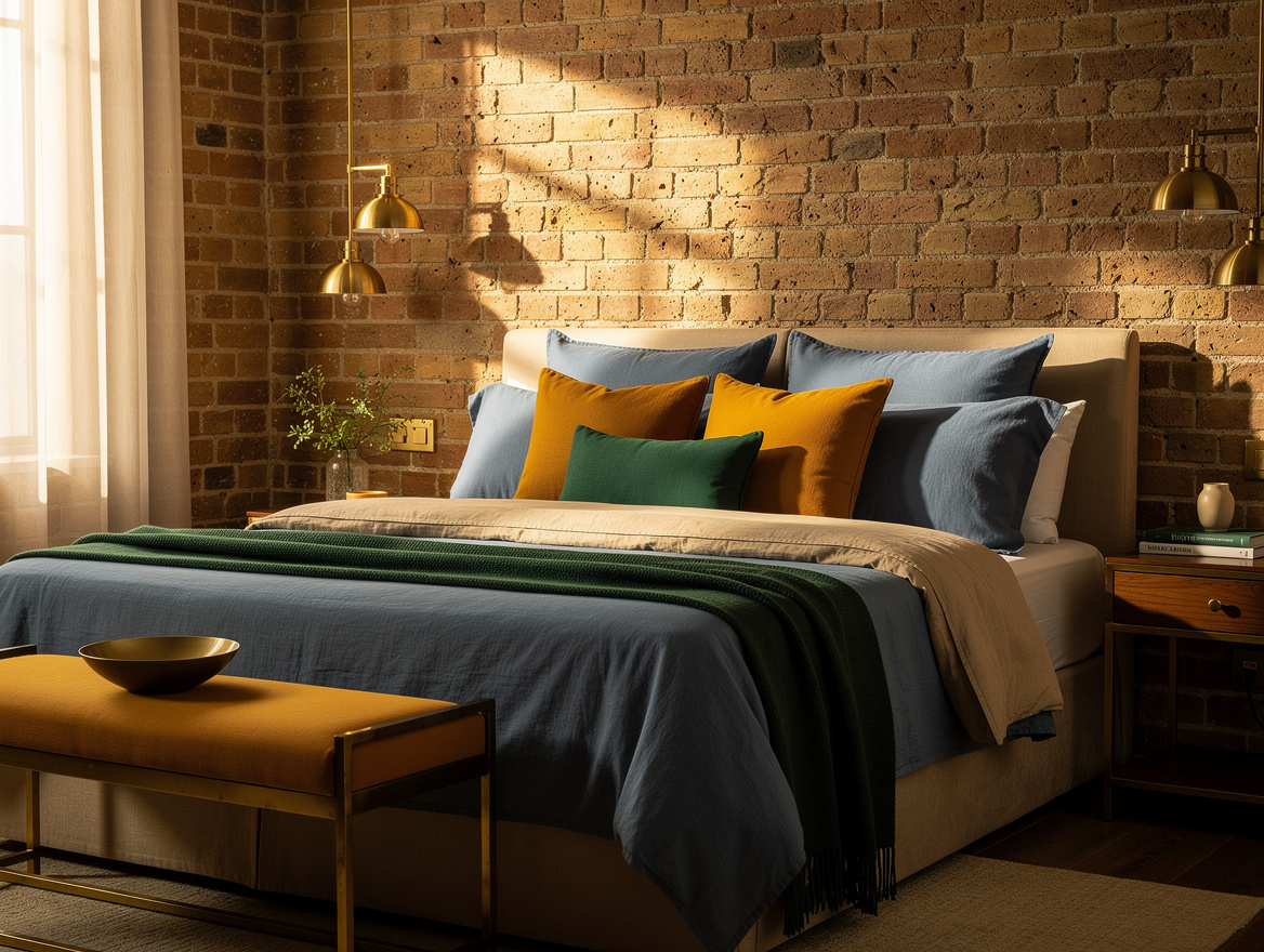 Realistic wide bedroom ambiance with exposed brick, dusty blue textiles, warm be