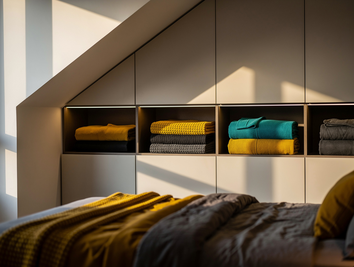 Realistic atmospheric bedroom photo at morning with built-in eaves storage, warm