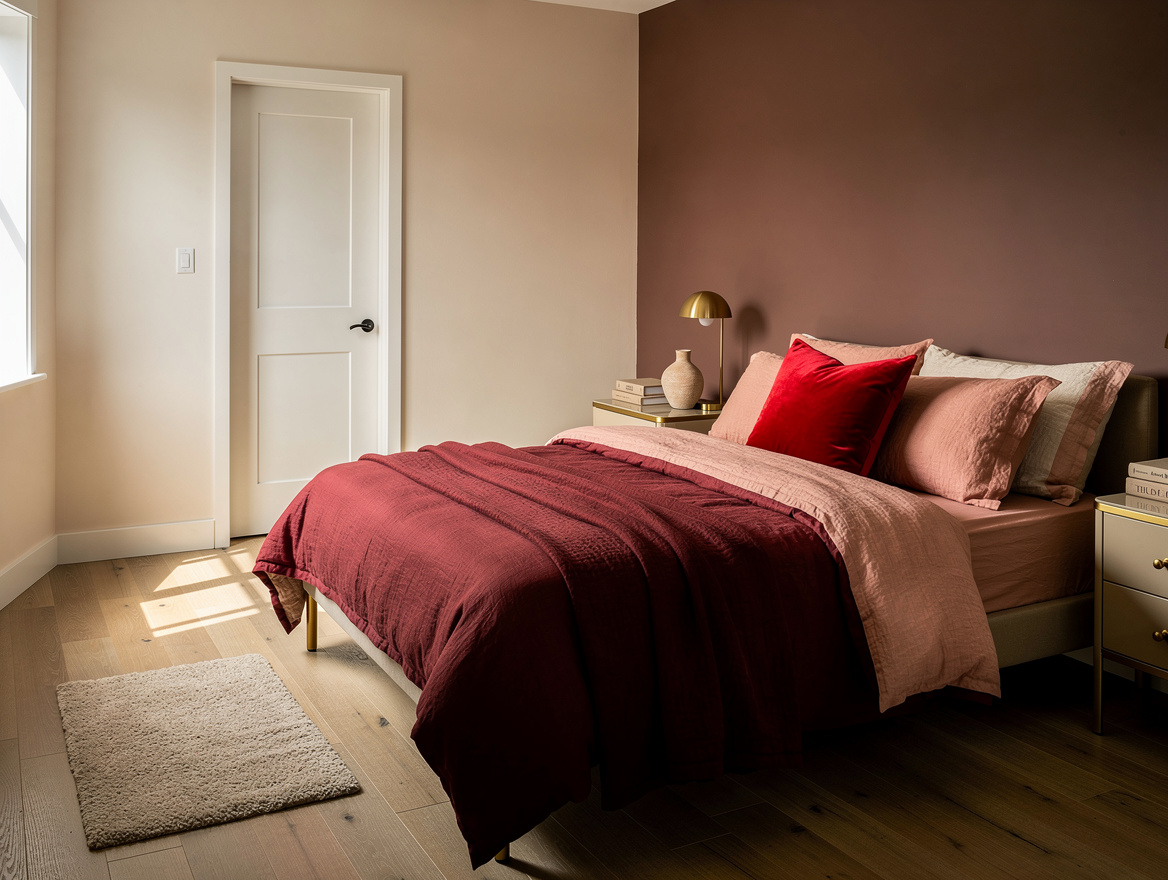 Realistic wide editorial bedroom photo showing an 8-by-10-foot room with the que