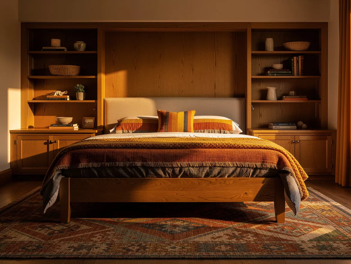 Realistic wide editorial interior photo of a warm Craftsman bedroom with a fitte