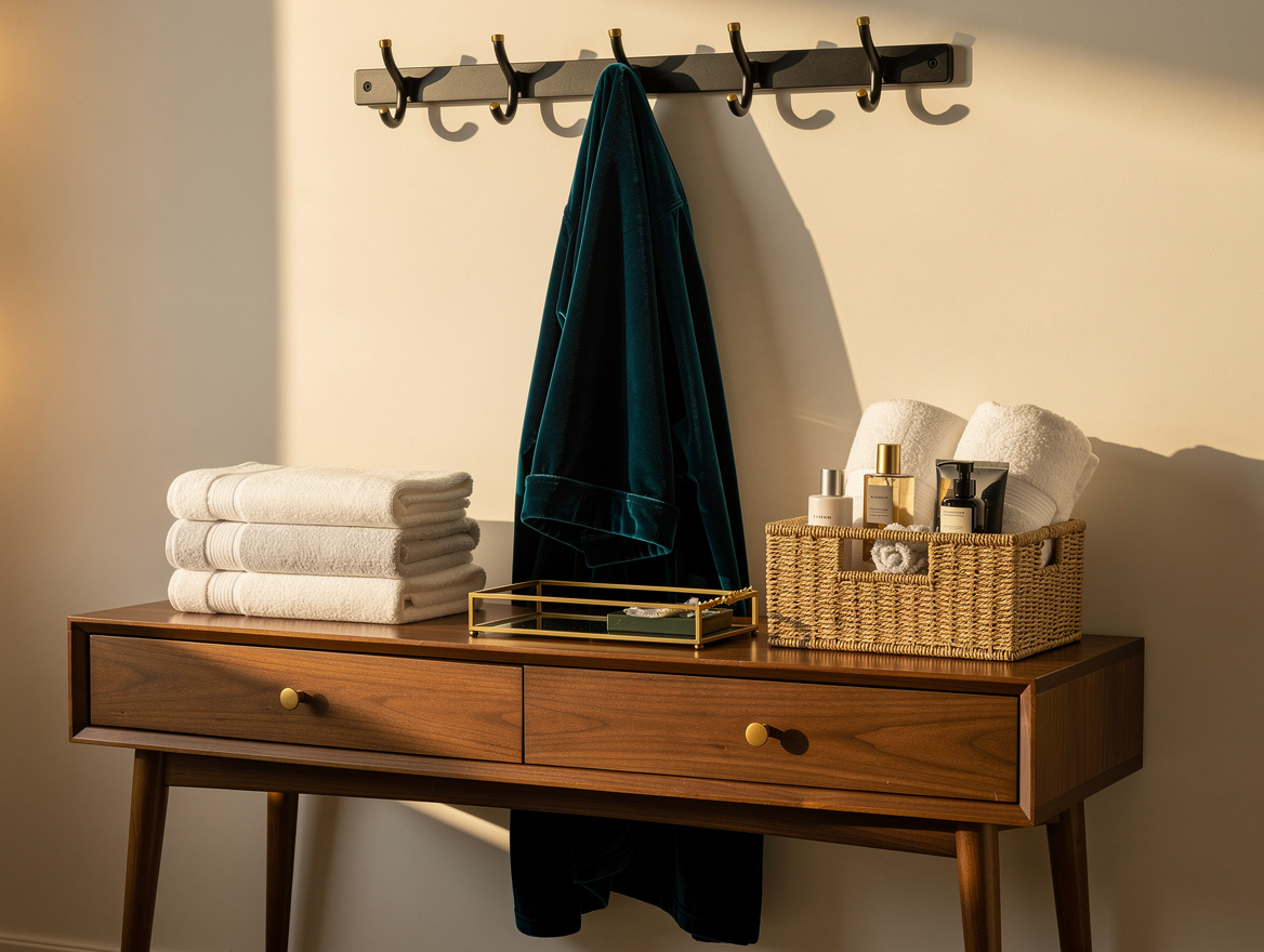 Realistic atmospheric editorial photo of a compact guest bedroom hospitality sta