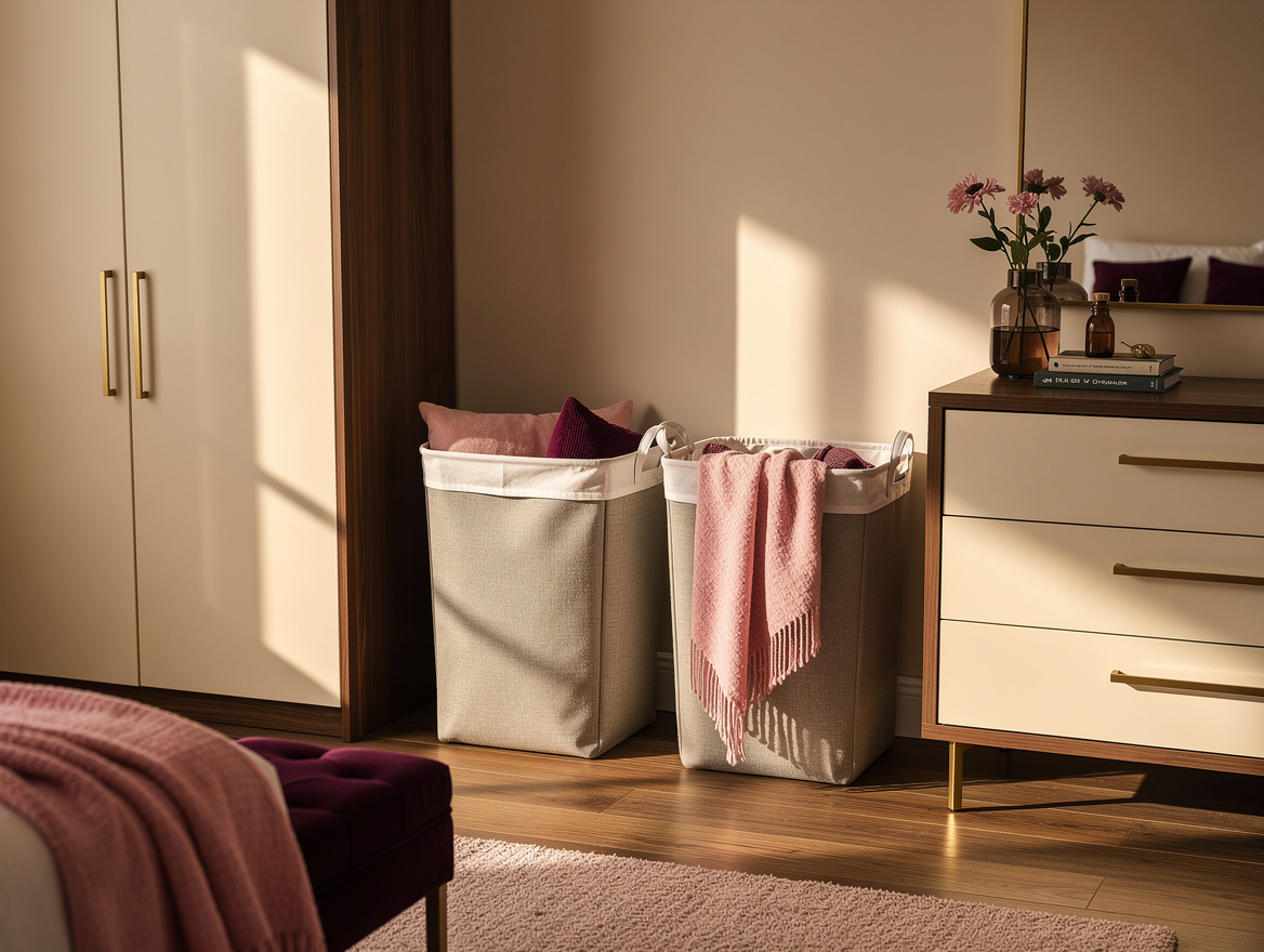 Realistic wide editorial bedroom photo with two separate matching hampers near a