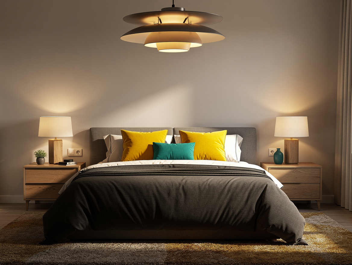 Realistic wide editorial bedroom scene with matching bedside lamps and a contras