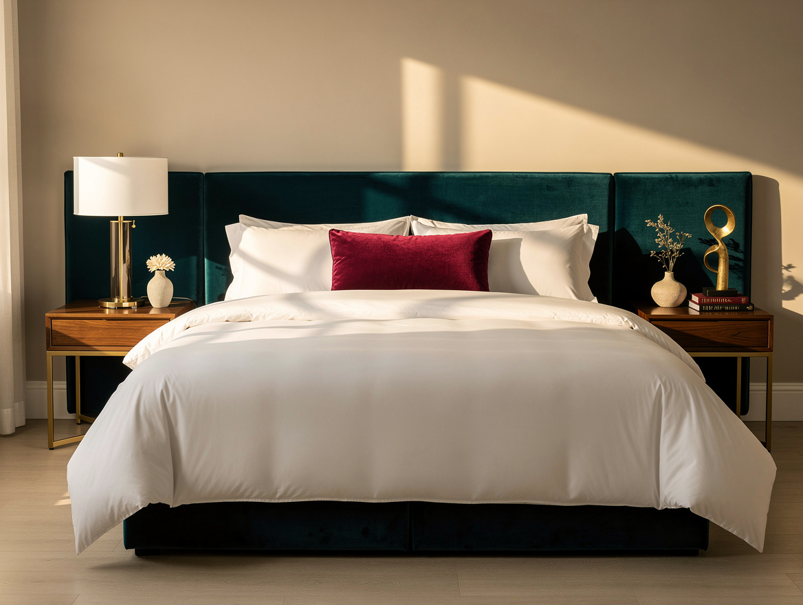 Realistic wide editorial bedroom photo showing a full hotel-style bed with contr