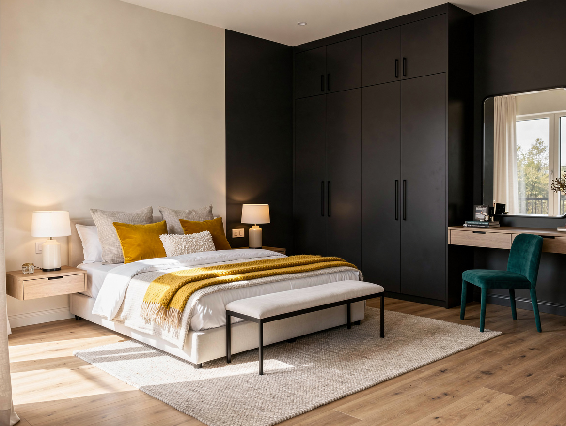 Realistic wide bedroom interior showing separate sleeping and dressing zones div