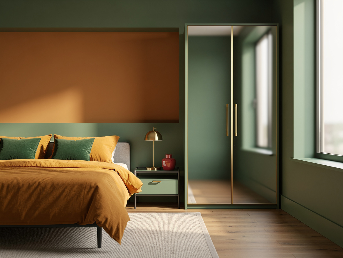 Realistic wide editorial bedroom scene showing a storage mirror cabinet blending