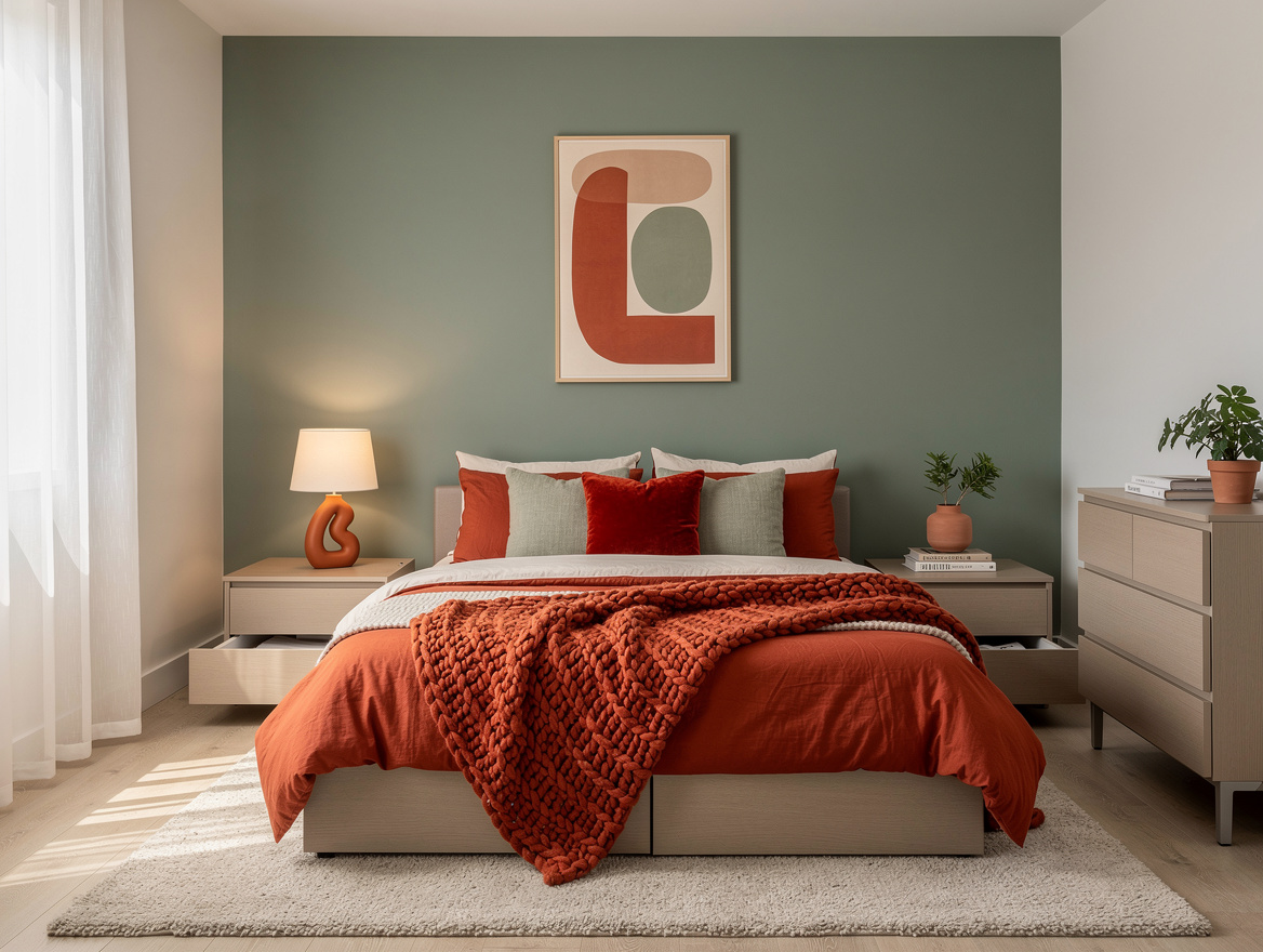 Realistic wide editorial bedroom photo showing a compact Queen platform bed cent