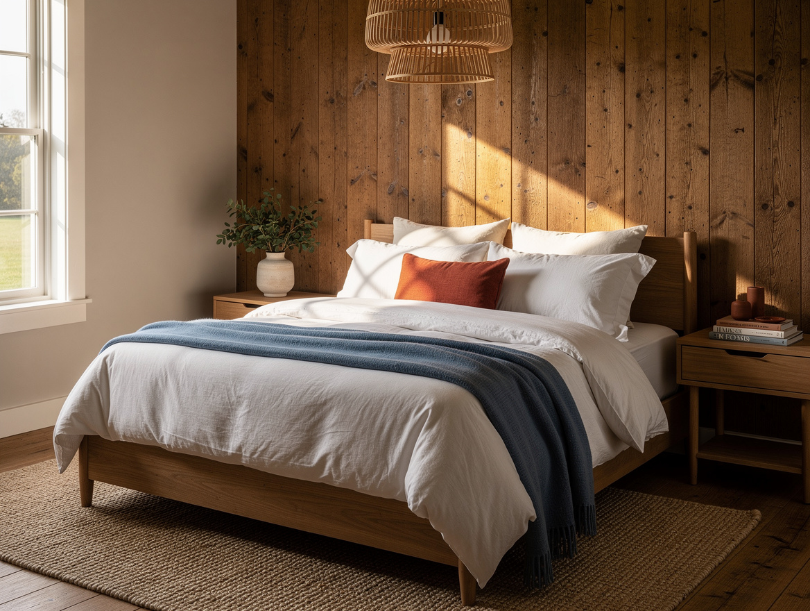 Realistic wide ambient photograph of a calm farmhouse bedroom with rustic pine a
