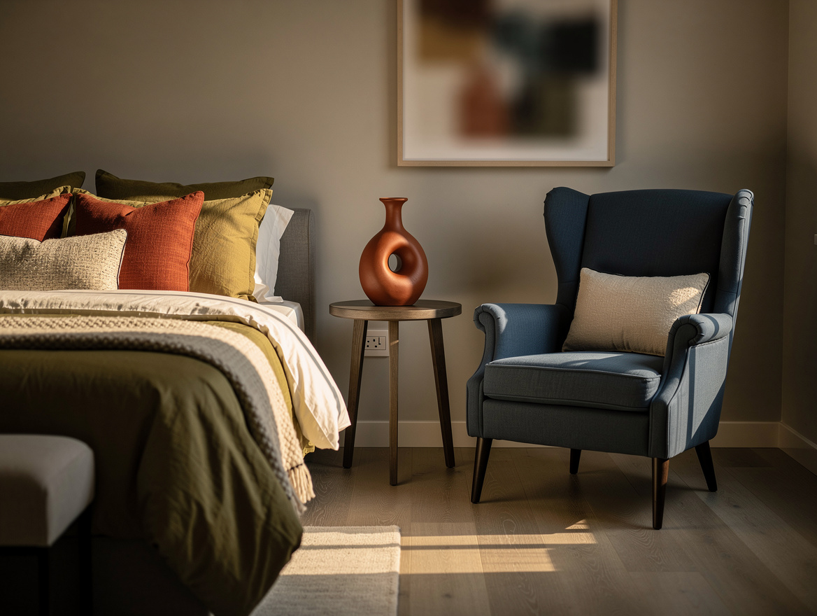 Realistic wide ambiance photo of a calm compact guest bedroom showing the bed, r