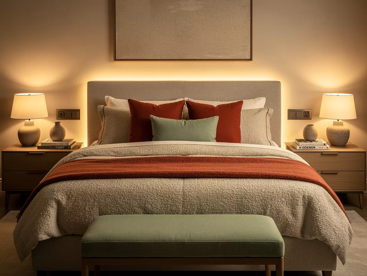 Realistic wide editorial bedroom scene with matching bedside switches on both si