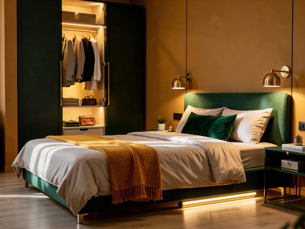 Realistic editorial bedroom scene showing a queen guest bed with two individuall