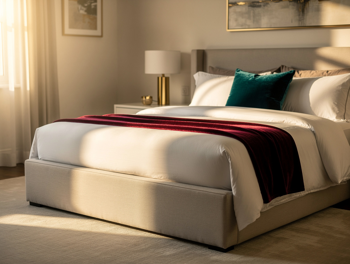Wide atmospheric bedroom scene with a restrained upholstered footboard, neatly f