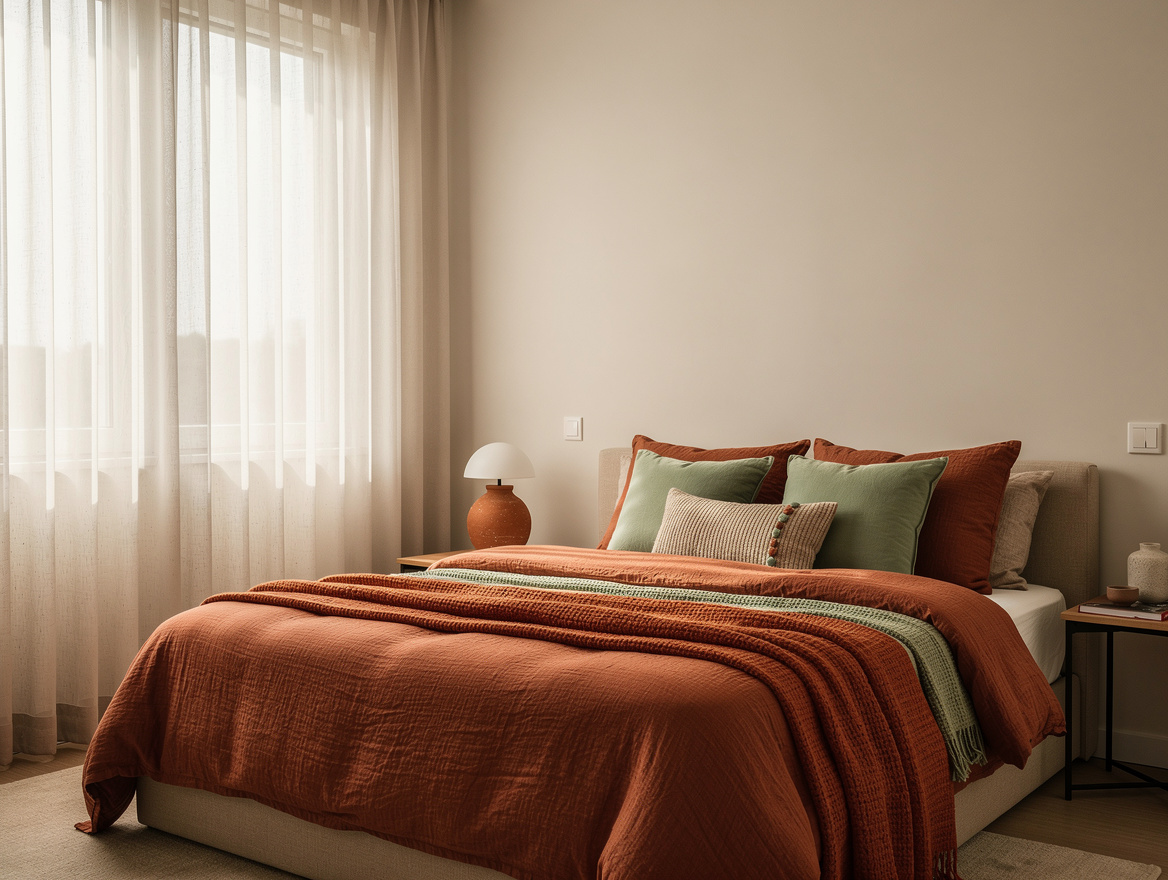 Wide atmospheric bedroom scene showing a low-contrast color palette, curtains hu