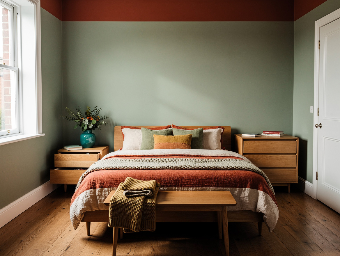 Realistic wide editorial bedroom photo showing a complete three-color scheme, pa