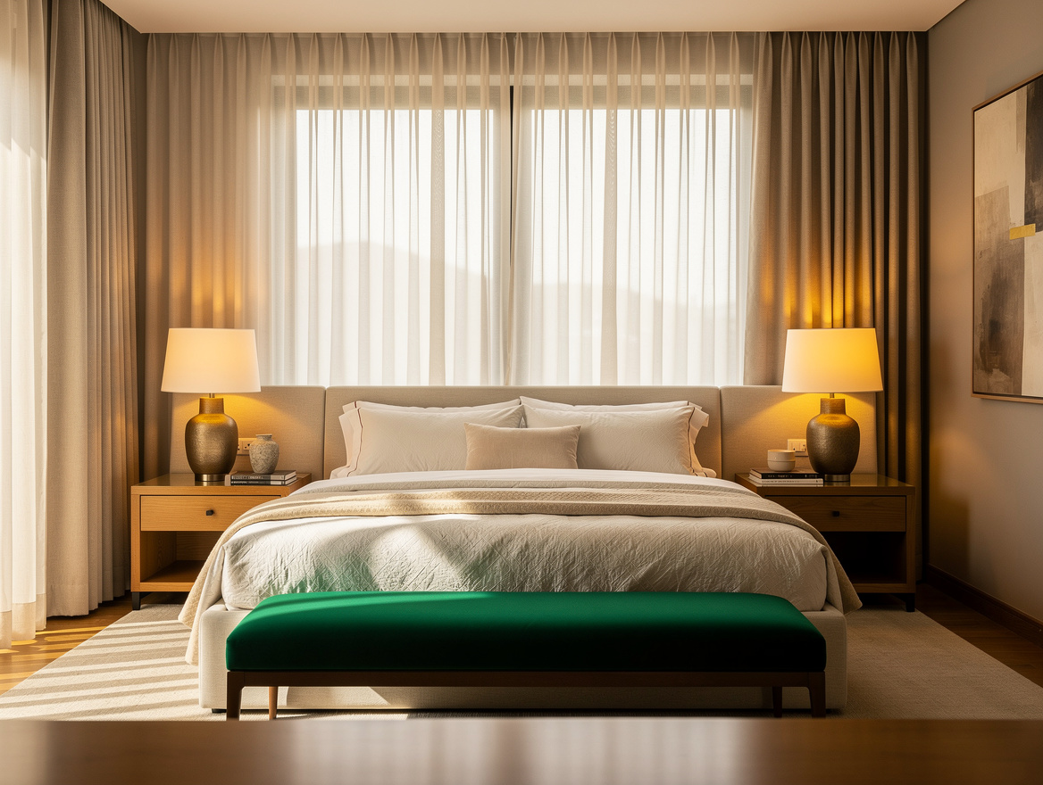 Realistic wide editorial bedroom scene showing warm ivory lampshades, light-filt